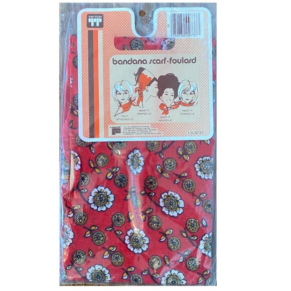 Vintage 70s NWT Red Yellow Floral Baroque Style Bandana Scarf - Picture 1 of 5